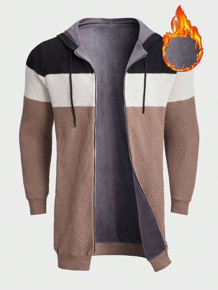 Men Colorblock Drawstring Hooded Zipper Front Cardigan