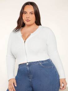 SHEIN BASICS 大碼拉鏈開襟短款開衫 - 白色 - 查看 5