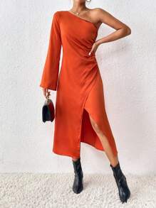 SHEIN LUNE Robe Asymétrique Manches Trompette - Orange - Voir 1