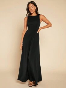 SHEIN Belle Solid Twist Backless Bridesmaid Dress - Black - View 5
