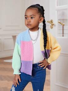 Chica Joven Cárdigan de plumero de color combinado de hombros caídos - Multicolor - Ver 3