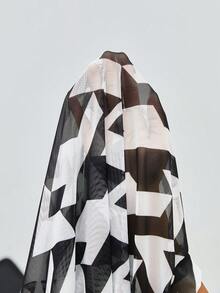 Maija Geo Print Mock Neck Mesh Top - Black and White - View 9