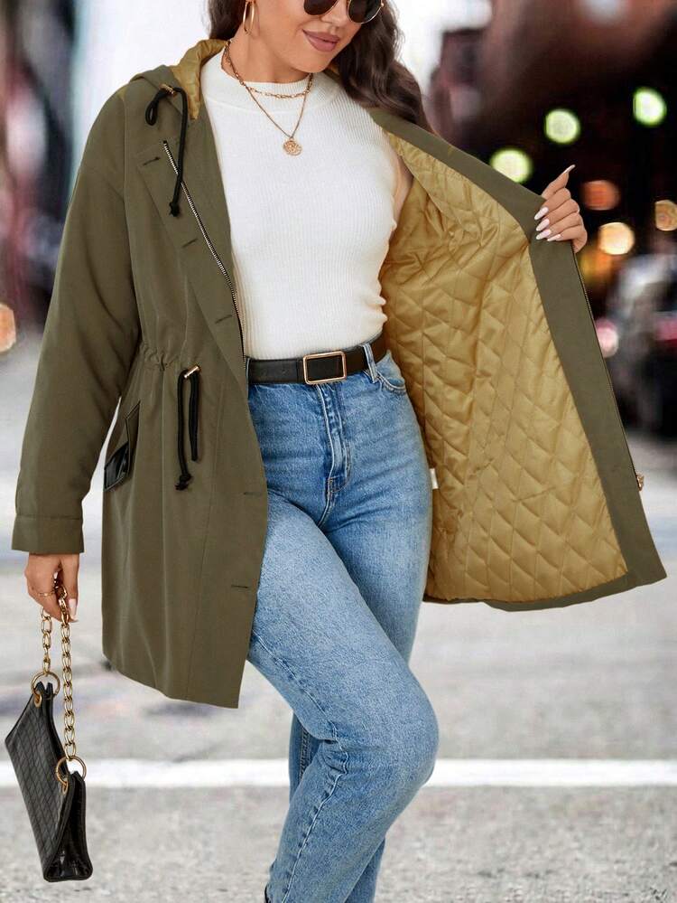 Plus Drawstring Waist Drop Shoulder Hooded Parka Padded Coat Clothes Winter