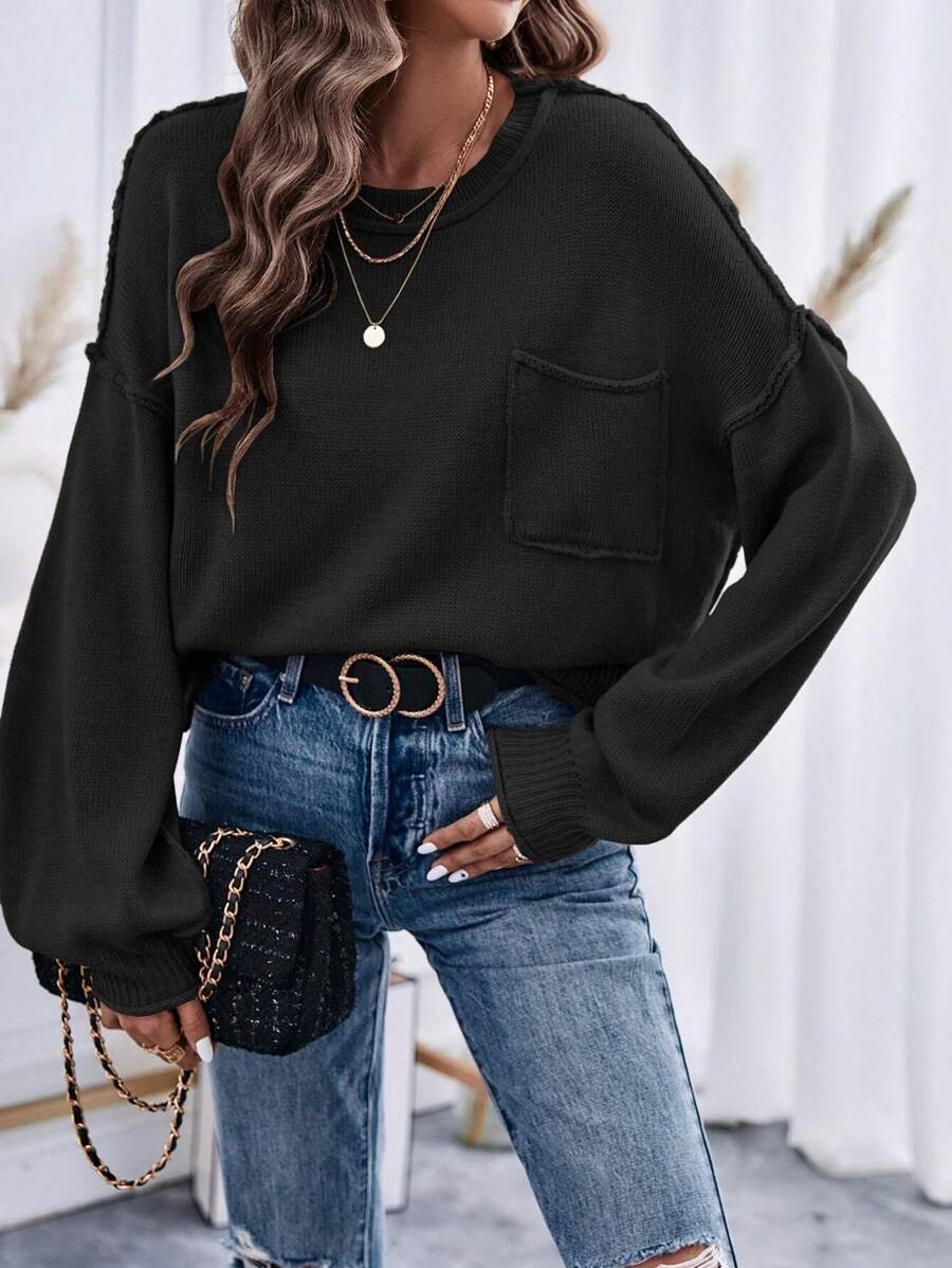 Chiquease Solid Drop Shoulder Pocket Patched Knit Pullover Fall Winter Sweater - Black - View 1