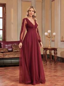 XUIBOL Plunging Neck Lantern Sleeve Mesh Prom Dress - Burgundy - View 7