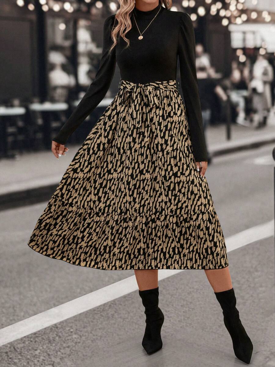 SHEIN Clasi Graphic Print Puff Sleeve Belted Dress - Multicolor - View 1