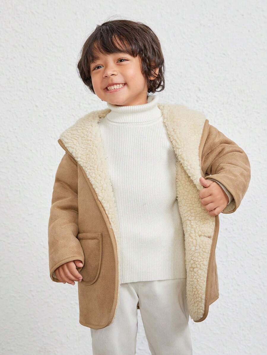 SHEIN Young Boy Dual Pocket Drop Shoulder Overcoat & Scarf - Khaki - View 1