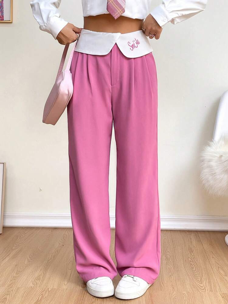 Contrast Foldover Waist Wide Leg Suit Pants
