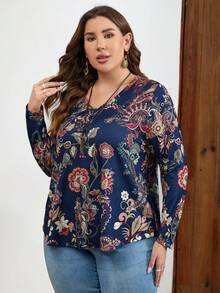 EMERY ROSE Plus Floral Print V Neck Tee - Navy Blue - View 3