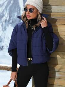 SHEIN Frenchy Áo khoác đệm dày có khóa kéo chắc chắn cho quần áo mùa đông - Màu xanh hải quân - Xem 1