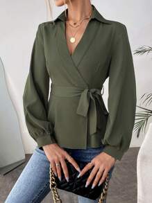 SHEIN Privé 素色側打結圍裹女士襯衫 - 軍綠色 - 查看 4