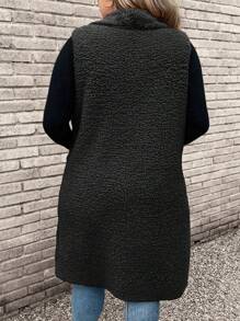 SHEIN LUNE Plus Dual Pocket Hooded Teddy Vest Going Out Tops Coat Winter Fall Autumn