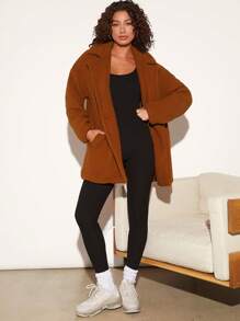 SHEIN BASICS 西裝領落肩袖絨毛外套 - 鏽棕色 - 查看 3