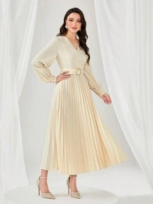 Modelyn Chất rắn Viền xếp Váy có thắt lưng - Màu be - Xem 3