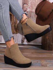 女士厚底短靴和踝靴，休闲时尚度假观光日常穿着，黑色防水坡跟短靴，秋冬 - 卡其色 - 查看 4