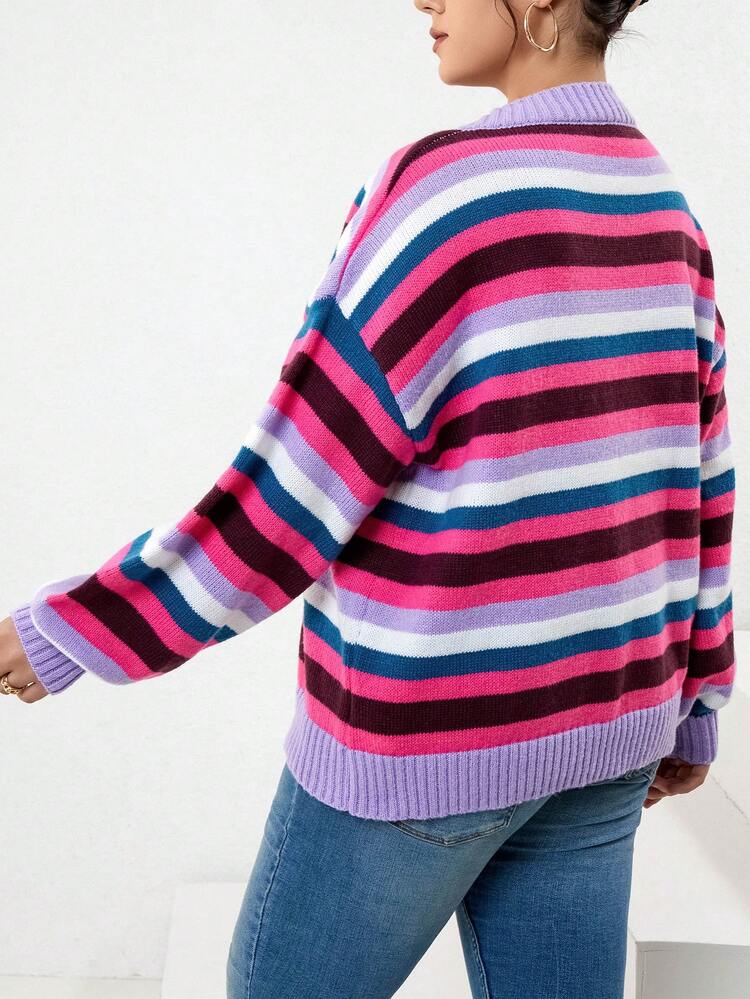 Plus Block Striped Pattern Drop Shoulder Sweater Knit Pullover Fall Winter Sweater