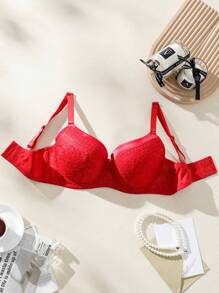 大碼花卉蕾絲鋼圈胸罩 - 紅色 - 查看 1