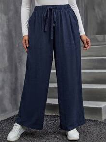 SHEIN LUNE 大尺碼純色束腰褲 - 藏蓝色 - 查看 4