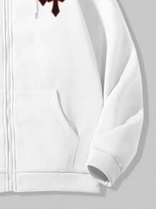 ROMWE MEN Street Life Guys Slogan & Figure Graphic Kangaroo Pocket Drawstring Thermal Lined Hoodie - White - View 5