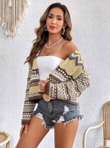 SHEIN VCAY Geo Pattern Drop Shoulder Cardigan - Apricot - View 2