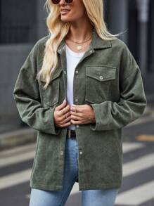 SHEIN LUNE Túi có nắp Thả vai Vải to sợi Áo sơ mi - màu xanh lá - Xem 3