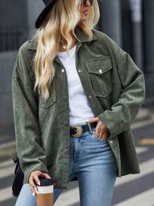 SHEIN LUNE Túi có nắp Thả vai Vải to sợi Áo sơ mi - màu xanh lá - Xem 4