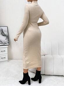 SHEIN Thai sản Gân đan Tách đùi Đầm - Màu Khaki - Xem 2
