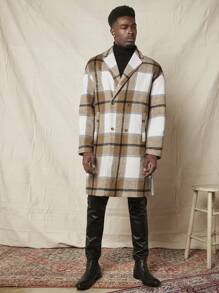 Manfinity VCAY Loose Fit Men's Plaid Double-Breasted Lapel Neck Drop Shoulder Overcoat, For Fall Winter - Khaki - View 8