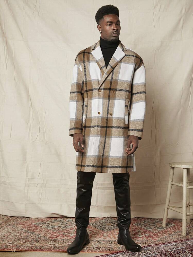 Loose Fit Men's Plaid Double-Breasted Lapel Neck Drop Shoulder Overcoat, For Fall Winter