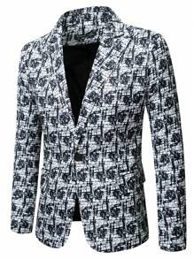 Manfinity AFTRDRK 男士滿版印花單釦西裝外套 - 黑與白 - 查看 7