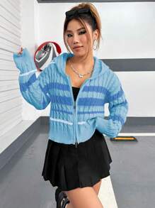 SHEIN Unity 條紋圖案拉鏈開襟麻花編織開襟衫 - 藍色 - 查看 6