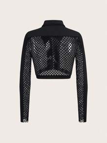 SHEIN Unity Hollow Out Zip Up Crop Jacket - Black - View 2