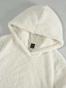 SHEIN EZwear 短款毛絨帽衫&拼接字母織帶長褲 - 杏色 - 查看 5