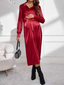 SHEIN Maternity Solid Knot Front Satin Shirt Dress - Burgundy - View 4