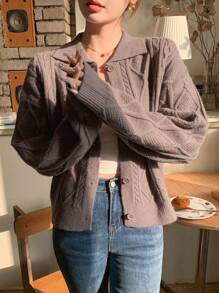 DAZY Cable Knit Drop Shoulder Cardigan - Brown - View 3