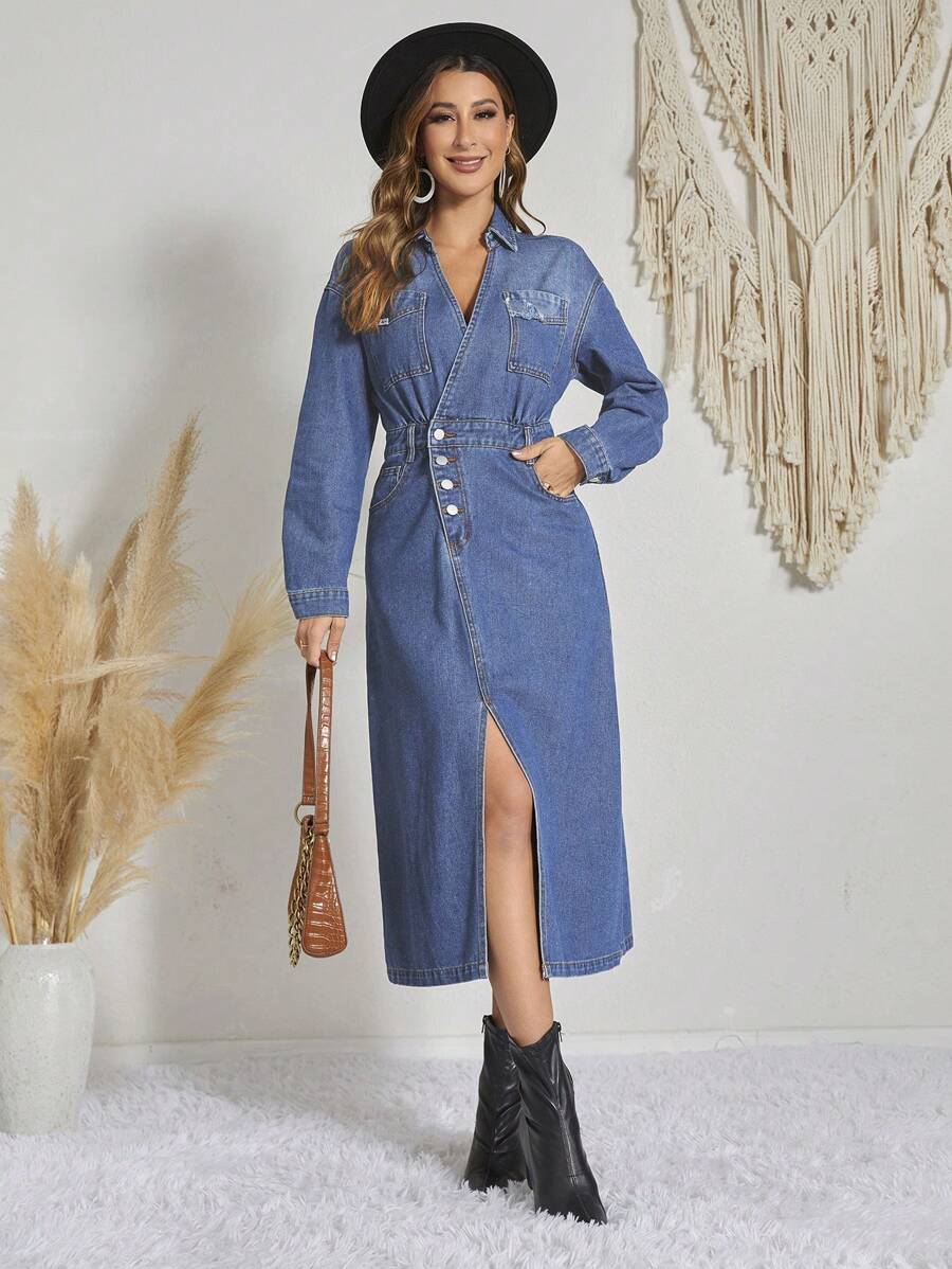 SHEIN LUNE Robe En Jean Poche À Rabat À Bouton