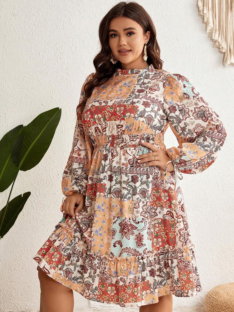 Plus Patchwork Print Lantern Sleeve Ruffle Hem Dress