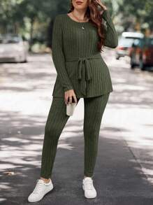 SHEIN LUNE Plus Split Hem Belted Tee & Leggings - Army Green - View 3