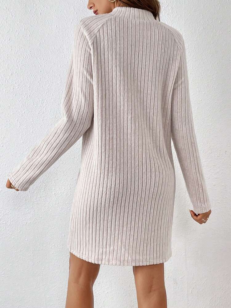 Mock Neck Button Detail Raglan Sleeve Ribbed Knit Dress Winter Casual