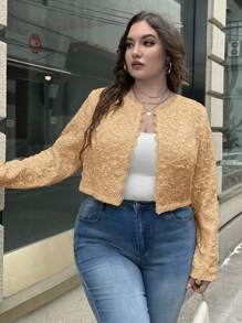 SHEIN Privé Jachetă în față deschisă cu ornamente Scallop Plus - Kaki - Vizualizare 5