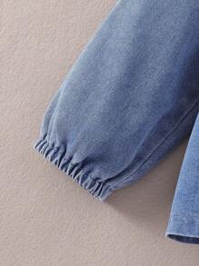 Young Girl Ruffle Trim Lantern Sleeve Denim Smock Top - Medium Wash - View 4