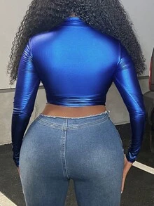 Slaydiva Áo thun croptop cổ cao nhún bèo phía trước - Màu xanh lam - Xem 2