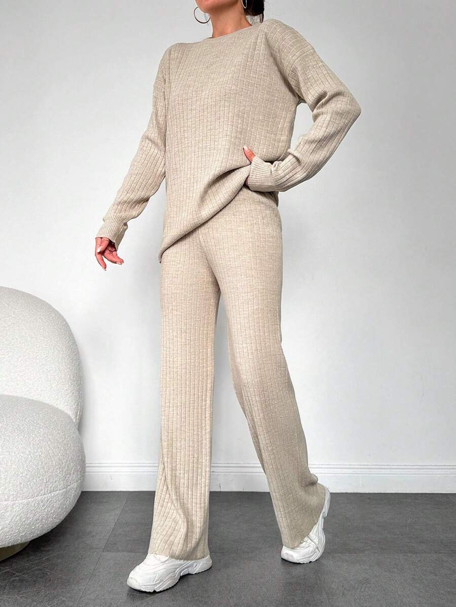 EURMUSE Drop Shoulder Sweater & Knit Pants - Beige - View 1