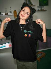 Rick and Morty | ROMWE Letter And Cartoon Figure Graphic Drop Shoulder Tee, School - Black - View 2