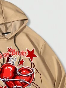 ROMWE MEN Grunge Punk 男士愛心和標語圖案抽繩連帽衫 - 卡其色 - 查看 4