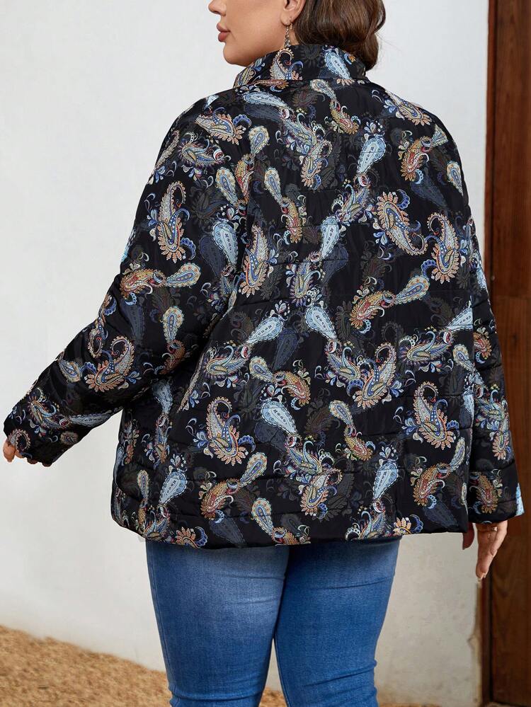 Plus Size Paisley Print Zip Up Padded Coat