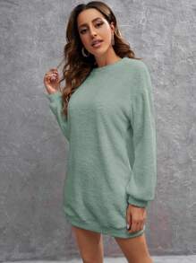 SHEIN LUNE Vestido sudadera unicolor de hombros caídos teddy - verde menta - Ver 5
