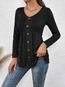 SHEIN LUNE Button Front Fold Pleated Tee - Black - View 6