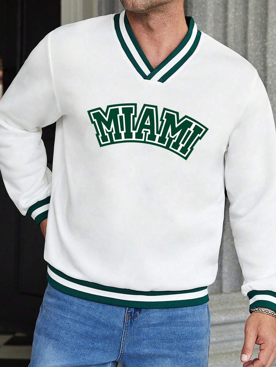 Manfinity Homme Men Plus Letter Graphic Striped Trim Sweatshirt - White - View 1