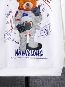 SHEIN Áo nỉ tay trễ vai in hình gấu và khẩu hiệu dành cho bé trai tuổi teen - trắng - Xem 4